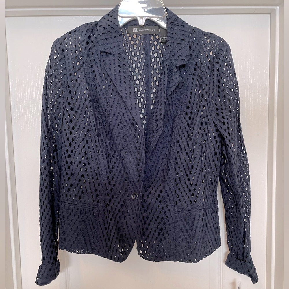 INC long sleeve open weave blazer jacket size Medium- deep twilight blue NWT
